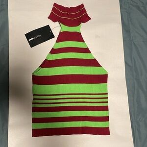 Retro Striped Halter Top Green Maroon Tank Rib High Neck NWT Fashion Nova Mod